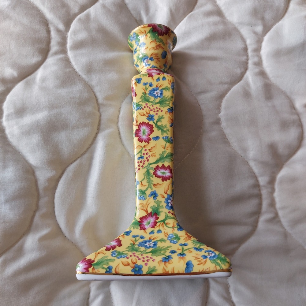 Twos Company Caroline Chintz Floral Candlestick Holder Yellow Ceramic 8.25 inch